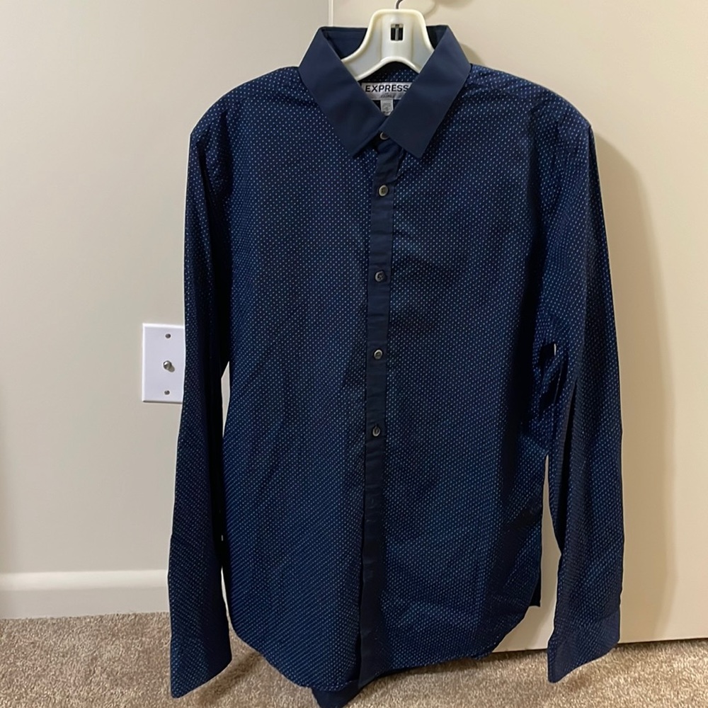 Men’s Fitted Express Shirt Navy with dot design - Medium (15-15.5)